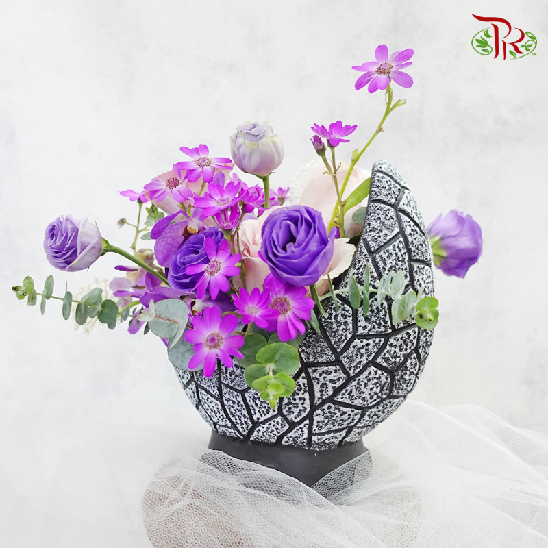 Vase Arrangement In Moon Shape- Striking Purple (Double sided) - Pudu Ria Florist