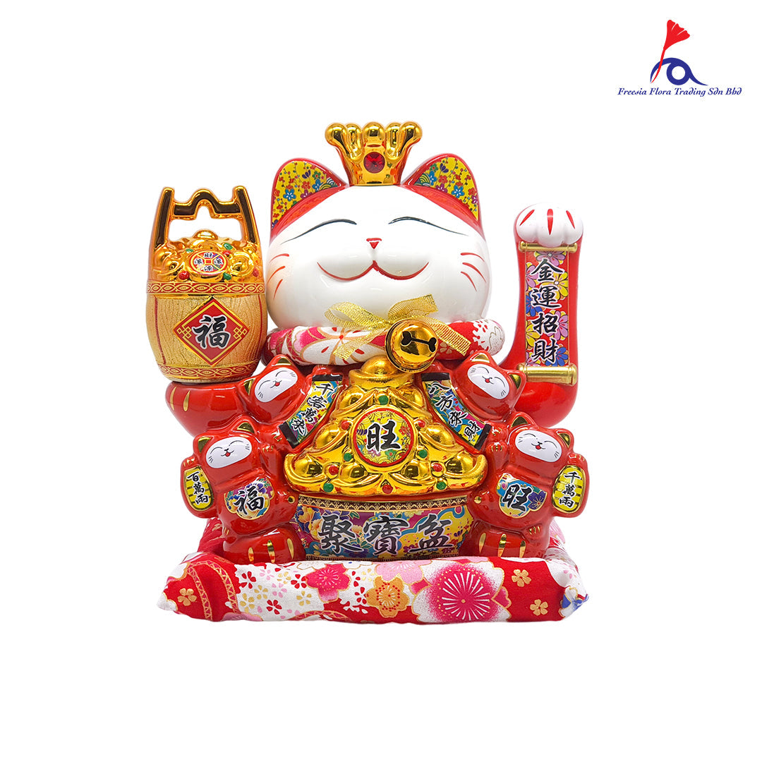 12" 日式 精美陶瓷 电动摇手 招财猫 聚宝盆一桶金
