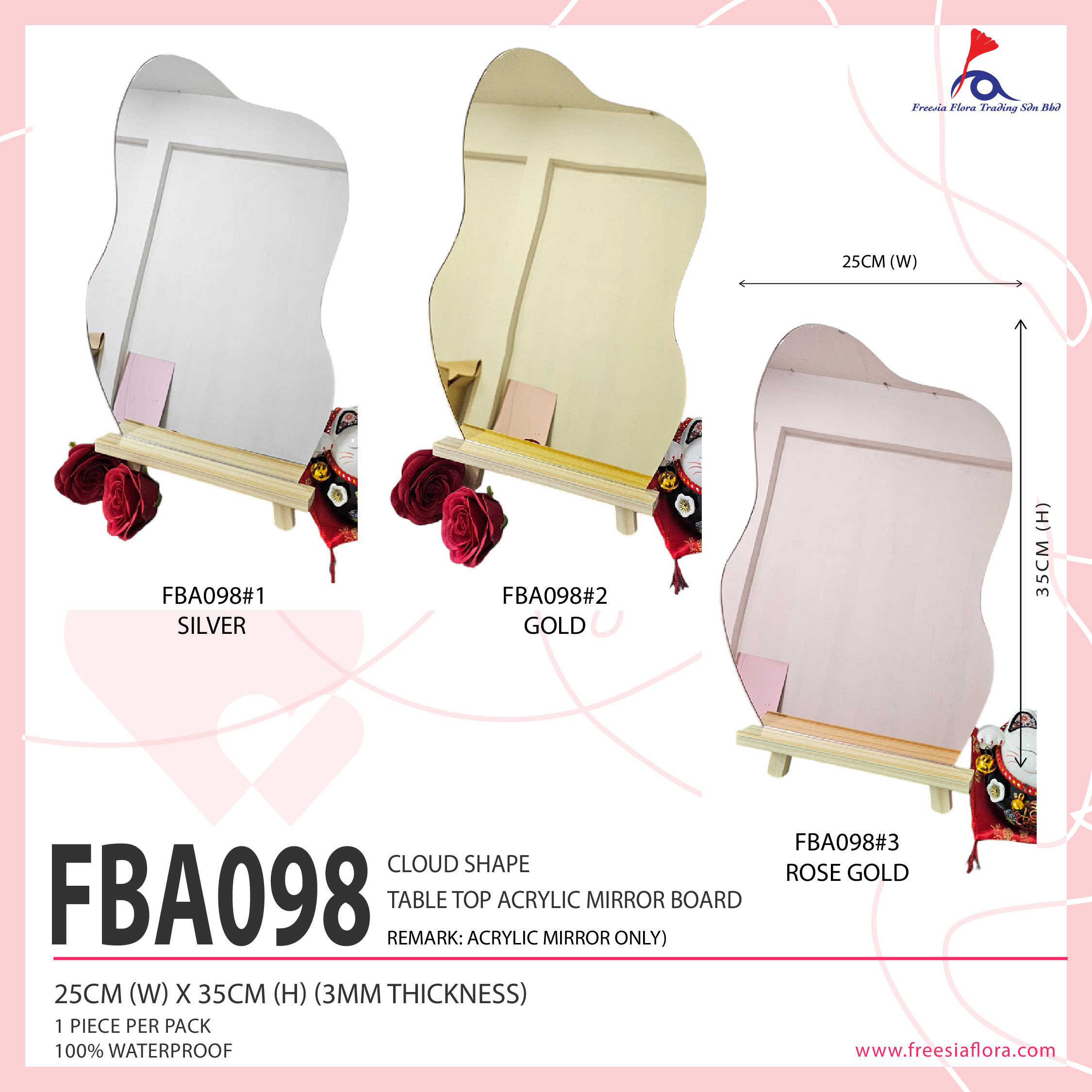 Cloud Shape Table Top Acrylic Mirror Board 25cm(W)  X 35cm (H) X 3mm (Thickness) (Not Included Stand)