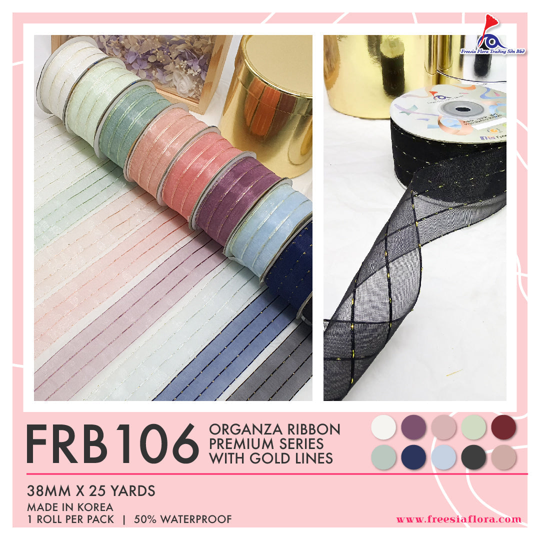 Premium Organza Ribbon With Gold Lines (38mm*25Y)