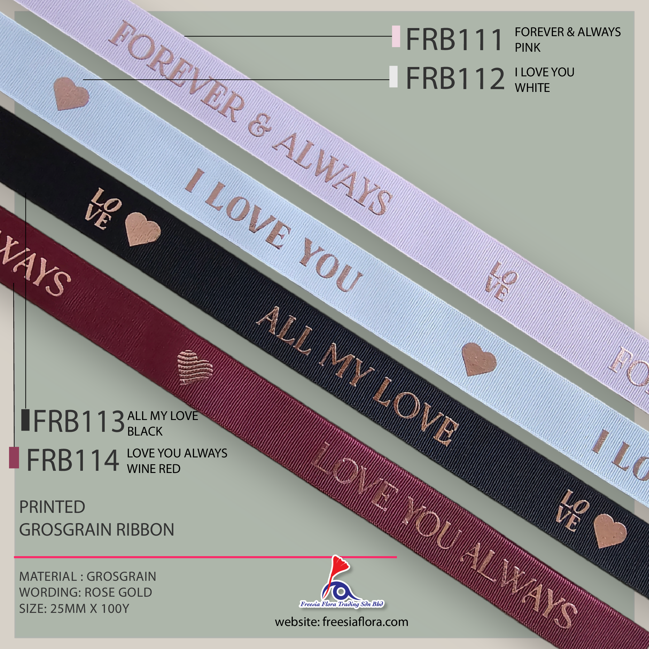 Freesia Printed Grosgrain Ribbon (25mm X 100Y)