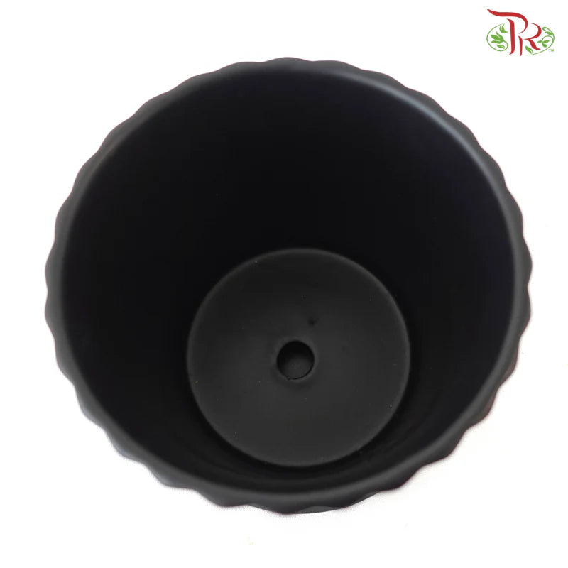 Matte Black Ribbed Ceramic Planter with Saucer
