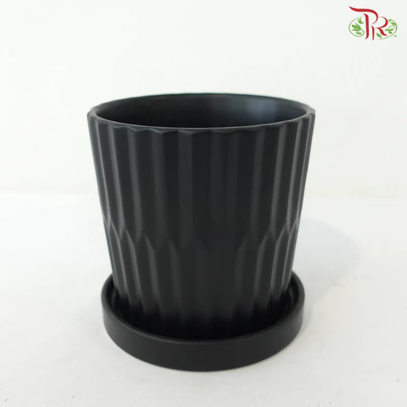 Matte Black Ribbed Ceramic Planter with Saucer
