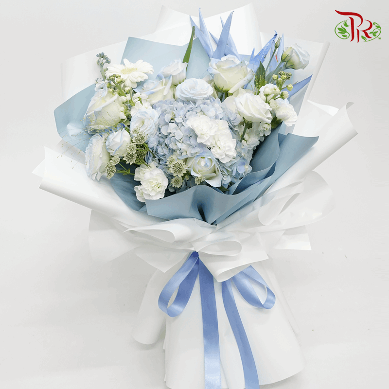 Assorted Pastel Blue White Flower Tone Hand Bouquet- M size-Pudu Ria Florist-prflorist.com.my