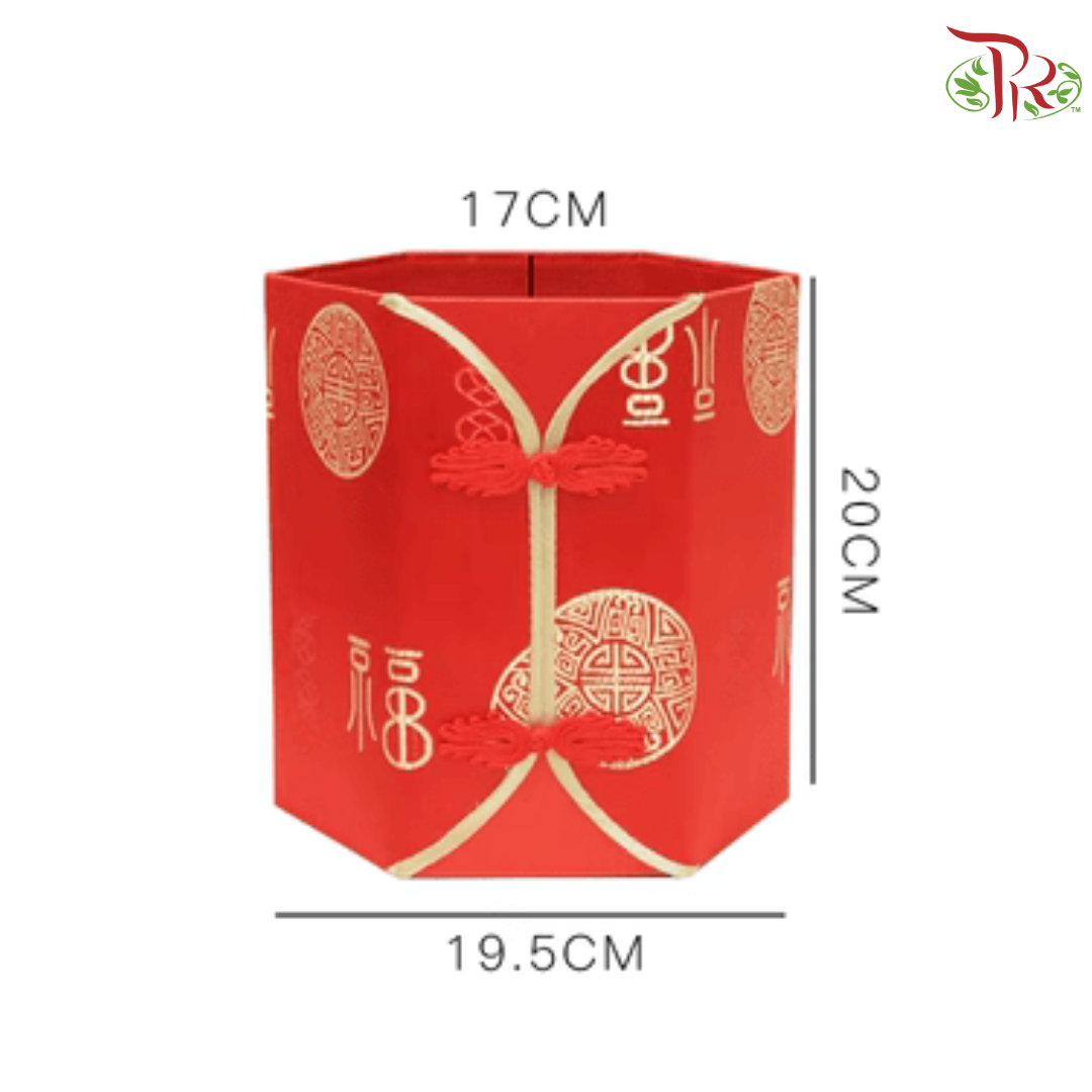 FB7-FB10 - CNY Double Button Hexagon Floral Box - Red (With Options) (WFL181CD)-FB7 - Fortune Word Design (Large Size) (WFL181CD1)-Pudu Ria Florist-prflorist.com.my