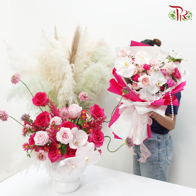 Hot Pink Theme Flower Arrangement (In Vase/ Hand Bouquet)-Pudu Ria Florist-prflorist.com.my
