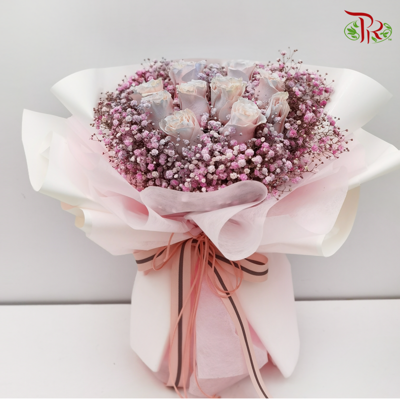 Pastel Colour Roses & Baby Breath Flower Arrangement (10 Stems)-Pudu Ria Florist-prflorist.com.my