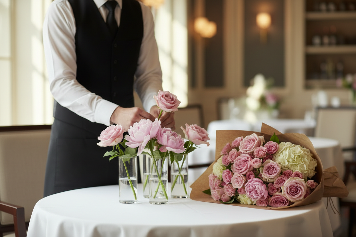 Waiter Arranging Multiple Vases from Large Bouquet
