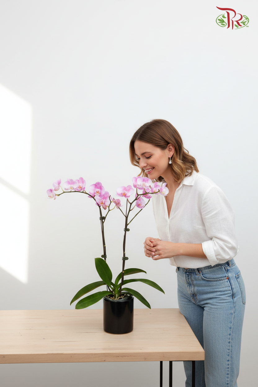 Woman Appreciating Phalaenopsis Orchid